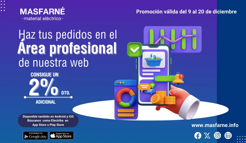 Descuento exclusivo del 2% en el Área Profesional de Masfarné y app Electrika