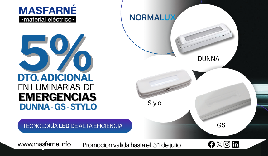 Promoción del 5% de descuento en luminarias de emergencia Normalux Dunna, GS y Stylo