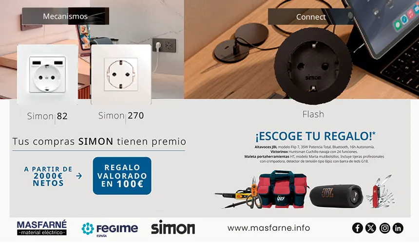 Promoción Simon Masfarné regalo por compras material eléctrico Simon 82, 270 y Flash