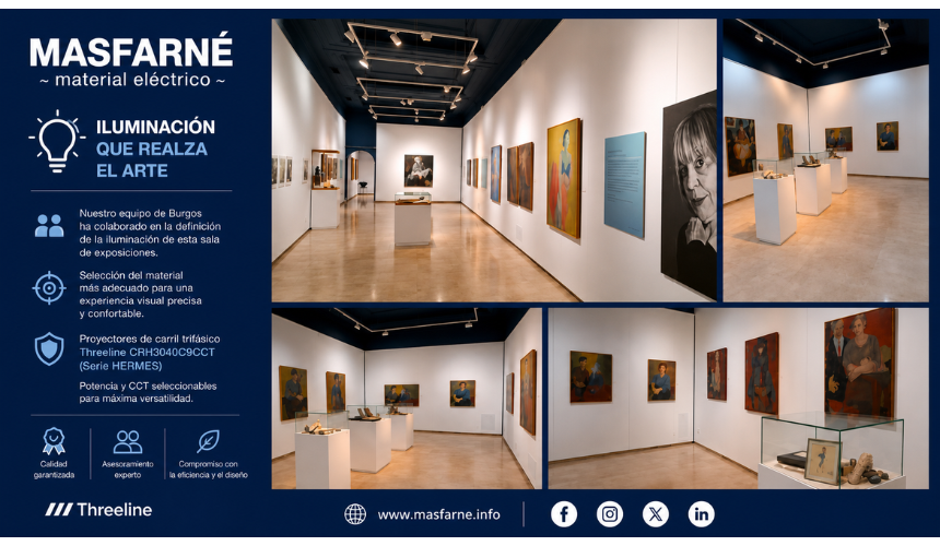 Iluminación profesional de sala de exposiciones con proyectores HERMES de Threeline